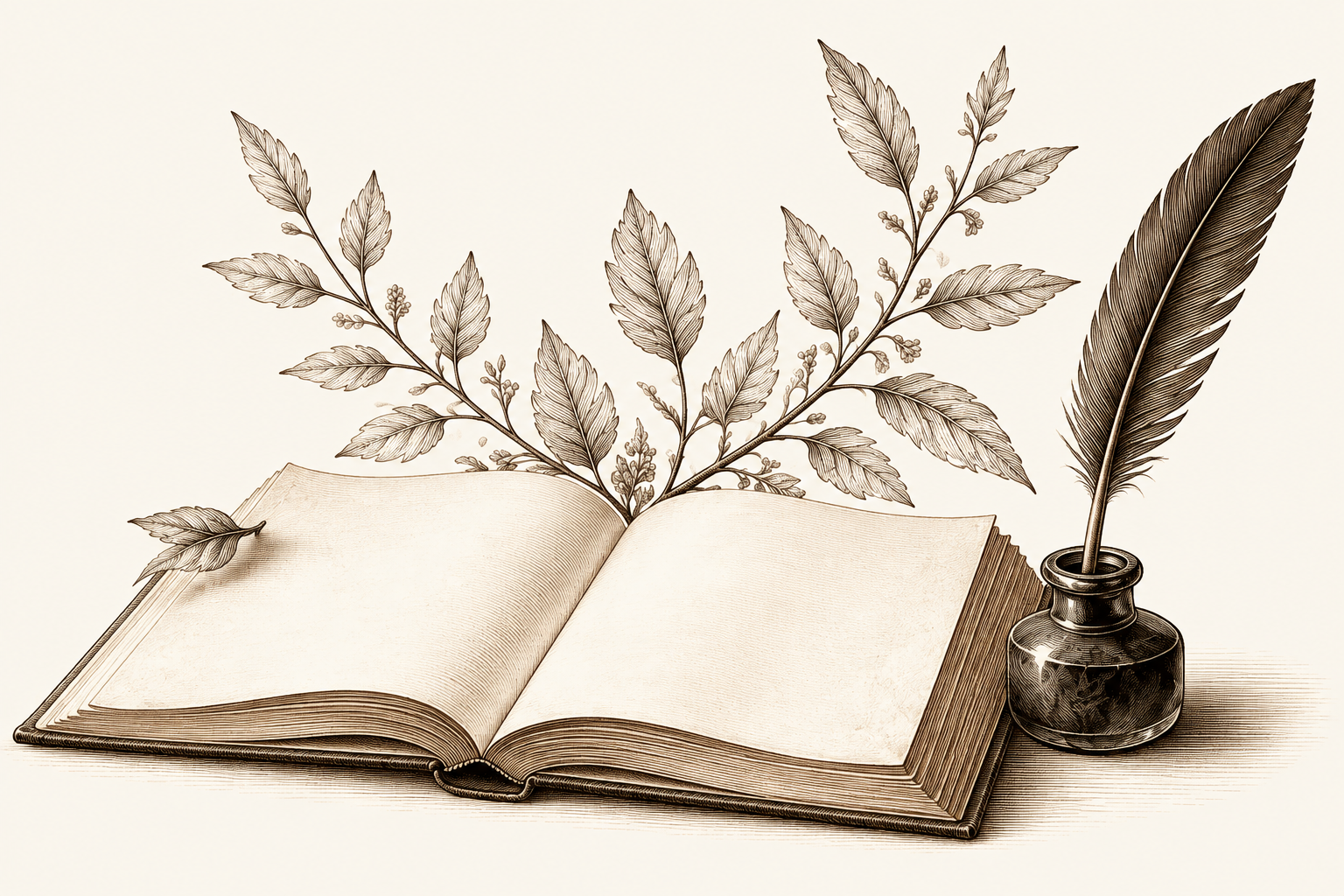 Açık bir kitap, mürekkep hokkası ve yapraklar